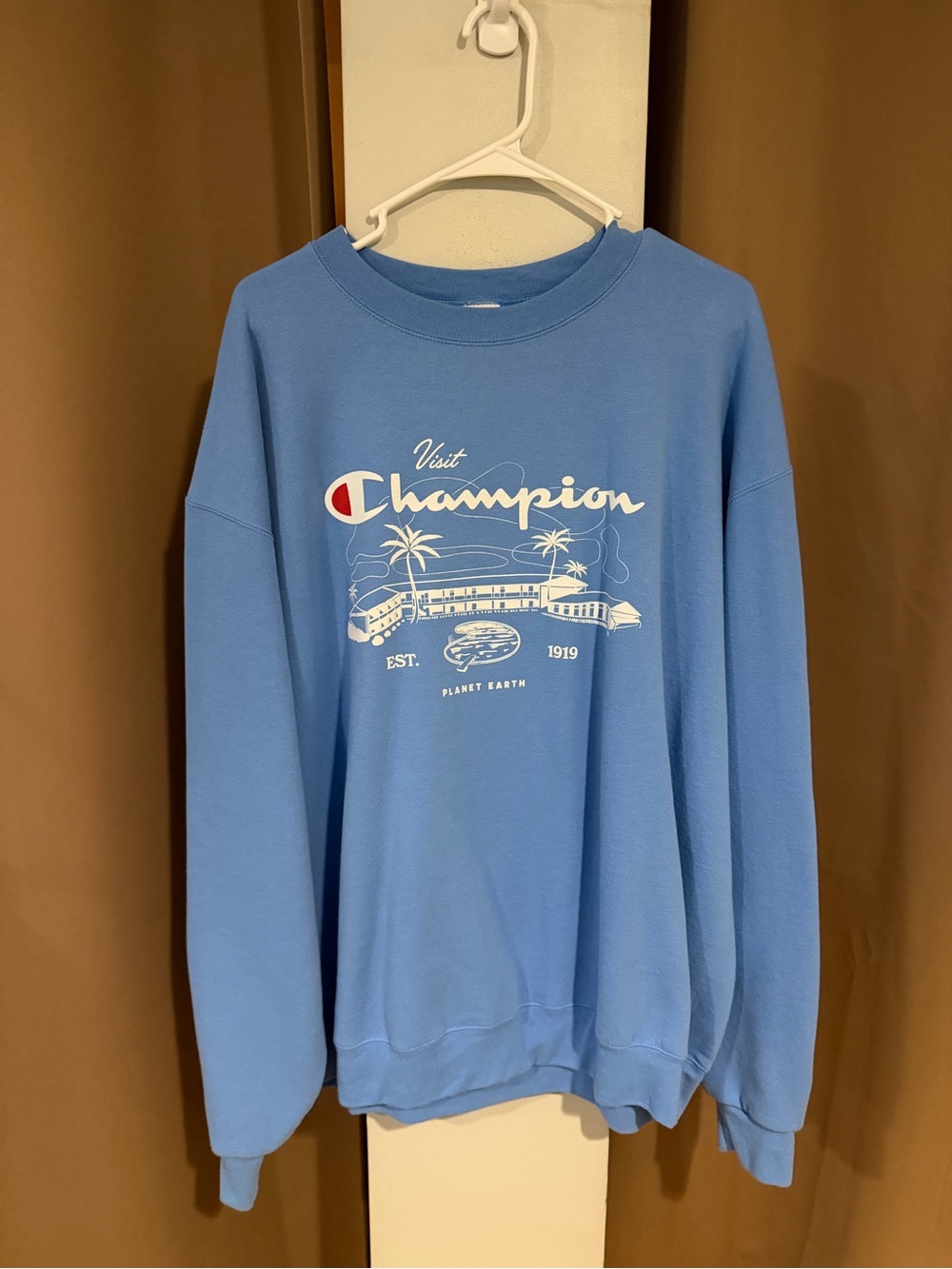 Champion Men's Light Blue Crewneck Sweatshirt - Logo Graphic